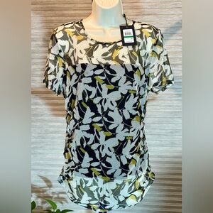 DKNY Black Sheer Floral Short Sleeve Blouse with White & Yellow Print NWT L